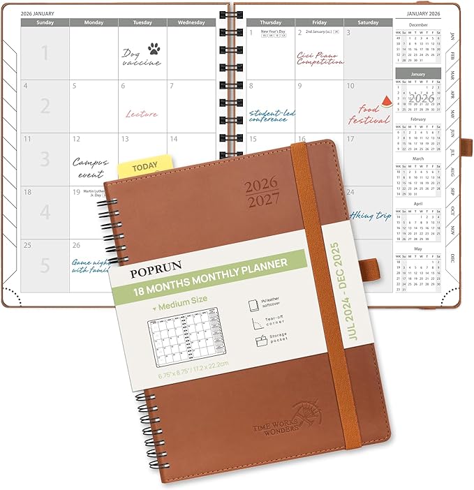 POPRUN Monthly Planner 2026-2027 (Medium 6.5" x 8.5") 18 Months Calendar (Jan 2026 - Jun 2027) - 4 Pages per Month with Expense & Notes, Stair-like tabs, Leather Cover, Sunday Starts - Brown