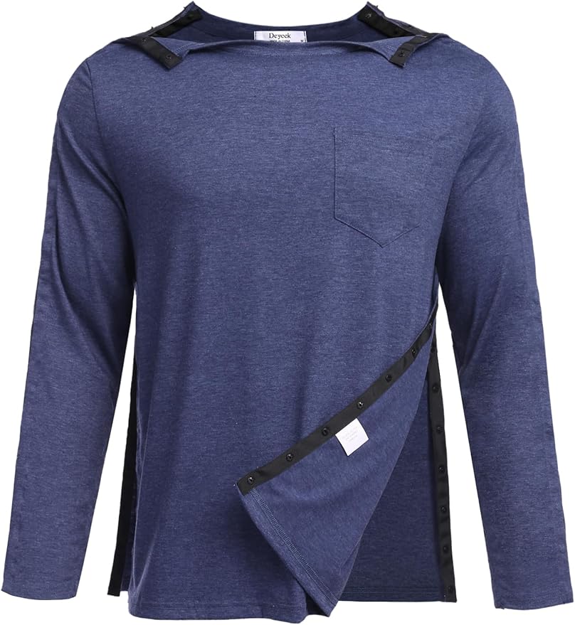 Deyeek Men's Post Shoulder Surgery Recovery Shirts Full Tear Away Long Sleeve Snap Chemo Port Access Shirt