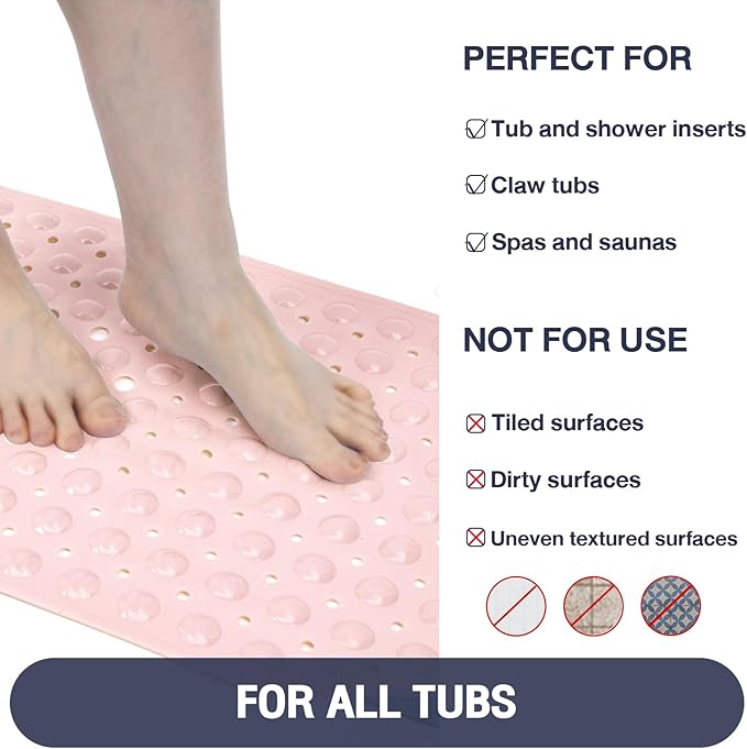 Extra Long Pink Bathtub Mat Non Slip, Soft Bath Mat for Tub 40 x 16 Inch Full Size, Bath Tub Shower Mats for Bathroom Floor, Big Suction Cups and Drain Holes, Easy Washable, BPA Free