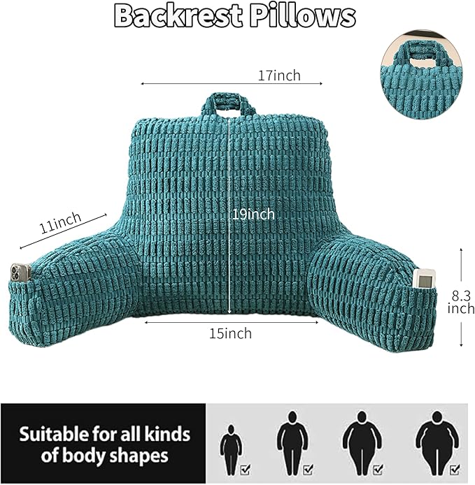 Reading Pillow for Sitting in Bed, Large Backrest Reading Pillow with Arm Rest,Back-Rest Support Cushion for Sit Up on Couch, Sofa, and Floor, Dorm Essentials (Dark Green Corduroy, Large(19"))