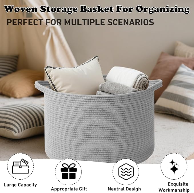 Large Storage Basket with Handle,19.7" L x 19.7" W x 13" H Blanket Basket Storage Bins for Organizing,65L Cotton Rope Woven Baskets for Living Room, Nursery ,Bedroom,Light Gry