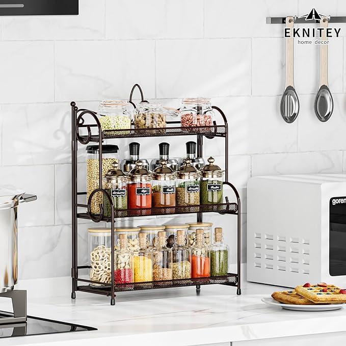EKNITEY Bathroom Organizer Shelf Countertop - Kitchen Counter Organizer 3 Tier Bathroom Counter Shelves for Makeup Vanity Organizer Brown (No Assembly)