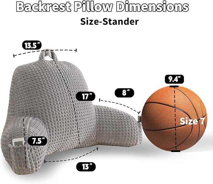 Reading Pillow for Sitting in Bed, Large Backrest Reading Pillow with Arm Rest,Back-Rest Support Cushion for Sit Up on Couch, Sofa, and Floor, Dorm Essentials (Grey Flannel, Standard(17inch))