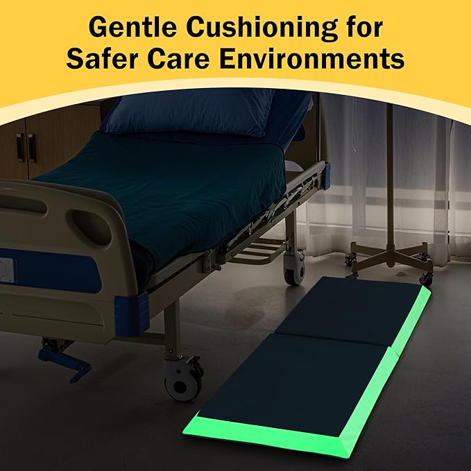 MABOZOO Fall Mat for Elderly with Glow-in-The-Dark Strips, 66"x24"x2" PU Leather Fall Mattress with Beveled Edge, Bi-Fold Bedside Safety Protection Mat for Patients, Seniors, Caregivers