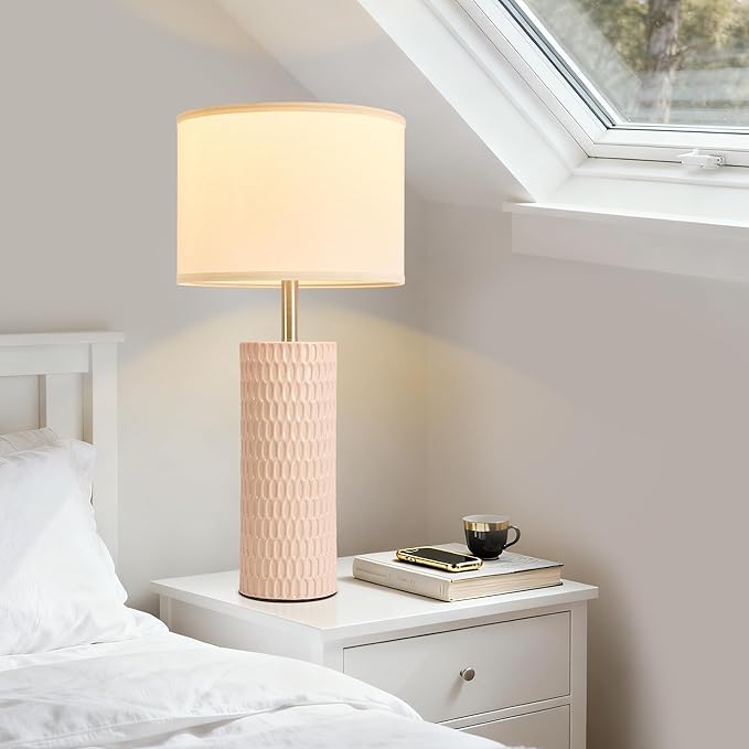 26.5" Ceramic Table Lamp, Table Lamp for Living Room, Pink Lamp for Bedroom, Night Stand Lamps, Modern Bedside Lamp Set of 2, End Table Lamps, Pink