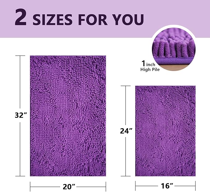 Bathroom Rugs Sets 2 Piece, Extra Soft Chenille Bath Mat Ultra Absorbent Bathroom Rug, Bathroom Mat with Sturdy PVC Non-Slip Bottom, Machine Washable Bath Rugs (20x32 Inch + 16x24 Inch, Purple)