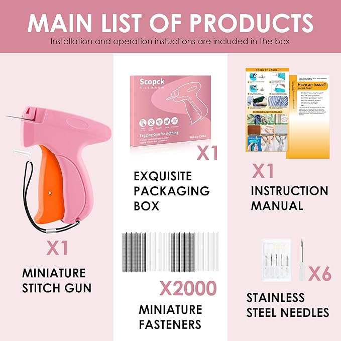 Stitch Gun for Clothes - Handheld Stitch Gun Quick Clothing Fixer - Tagging Gun - Includes 6 Needle, 1000 Black Fasteners & 1000 White Fasteners (Pink/Orange)
