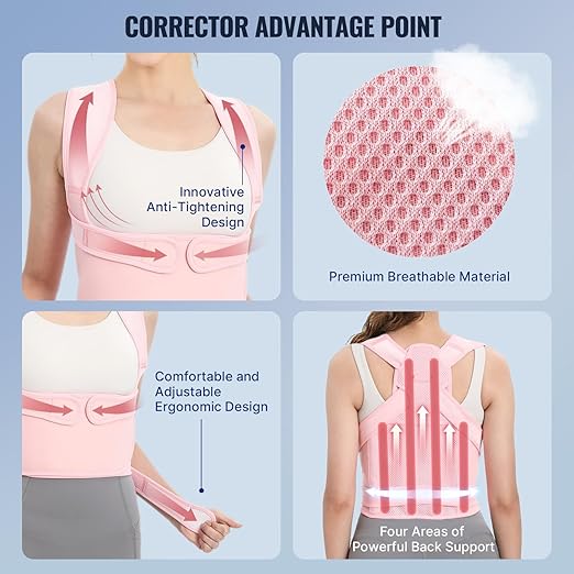 Posture Corrector for Women and Men, Adjustable Back Brace with Full Back Support, Shoulder Straightener for Spine Alignment, Kyphosis, Hunchback, Scoliosis, Lumbar, Spine, Pink (Large)