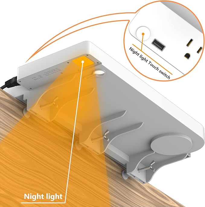 Bedside Shelf for Dorm Bunk Bed with USB Charging Port and 2 AC Outlets, Bedside Caddy, Bunk Bed Extender, Attachable Bedside Table, College Dorm Essential Clip On Bedside Tray, Plus Size, White