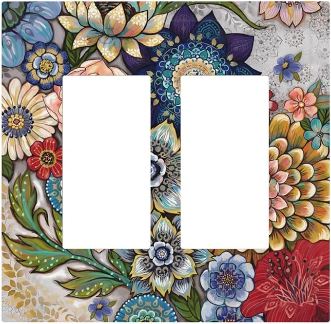 Boho Floral Colorful Floral Multi Color Flower Decorative Outlet Covers 2 Gang Double GFCI Rocker Electrical Wall Panels Light Switch Cover Plate for Bedroom Living Room Home Decor