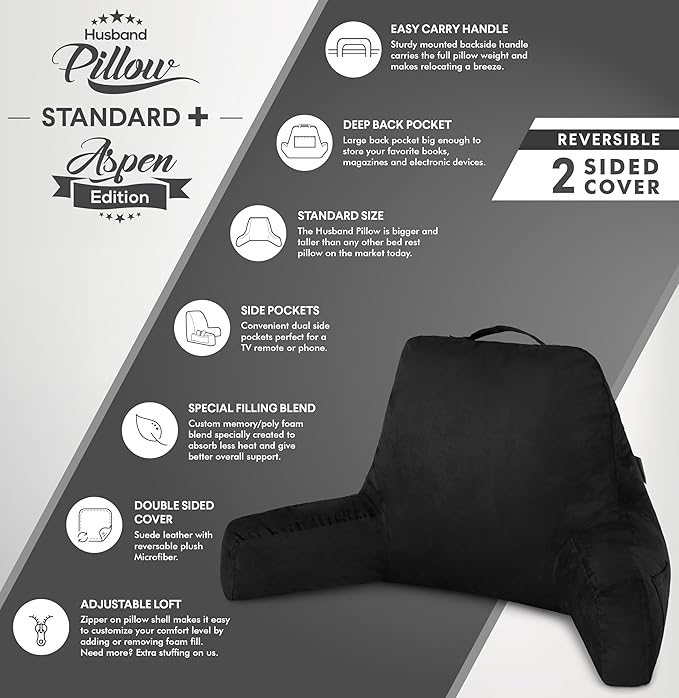 Husband Pillow Aspen Stable Black, Reading Pillow Bed Rest Chair, Two-Sided Reversible Fabric, Large Lounge Cushion Adult Backrest with Arms, Comfy Back Support for Sit Sitting Up, Wash/Remove Cover