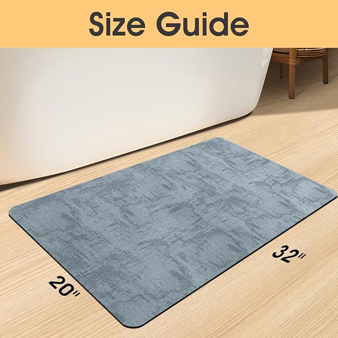 Ultra Thin Bath Mat, Upgrade Backing Non Slip Thin Bath Mats Fit Under Door, Quick Dry Ultra Absorbent Bathroom Rugs, Machine Washable Bath Rugs for Bathroom, Bathtub, Haze Blue/Marble/32"x20"