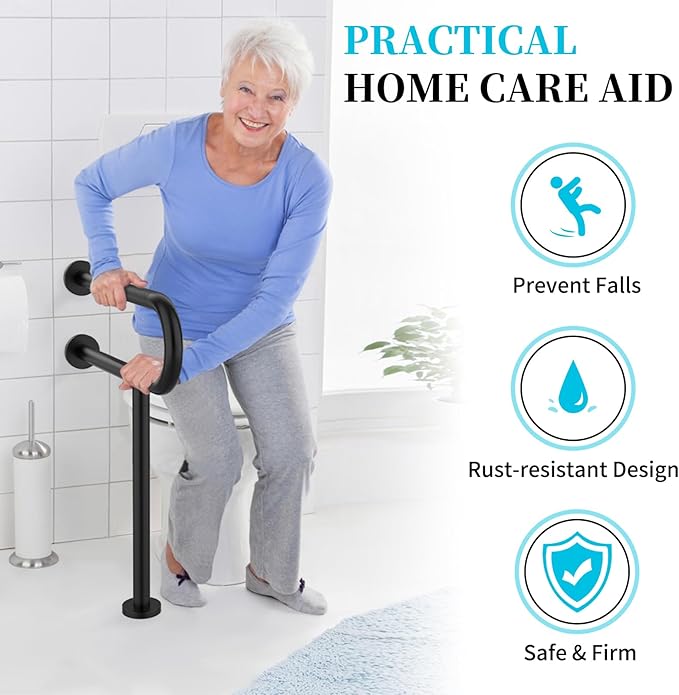 Toilet Support Rail 23.4X 28 Inch, Munzong Anti-Slip Black Handicap Grab Bar for Bathroom, Stainless Steel Knurled Safety handrails with Leg for Elderly Disabled Pregnant-1.25’Tube