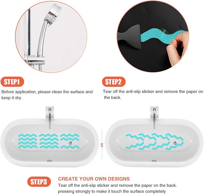 Anti Slip Shower Stickers, Adhesive Decals Safety Strips with Scraper for Bath Tub, Shower Floor, Stairs, 24 Pieces (Blue)