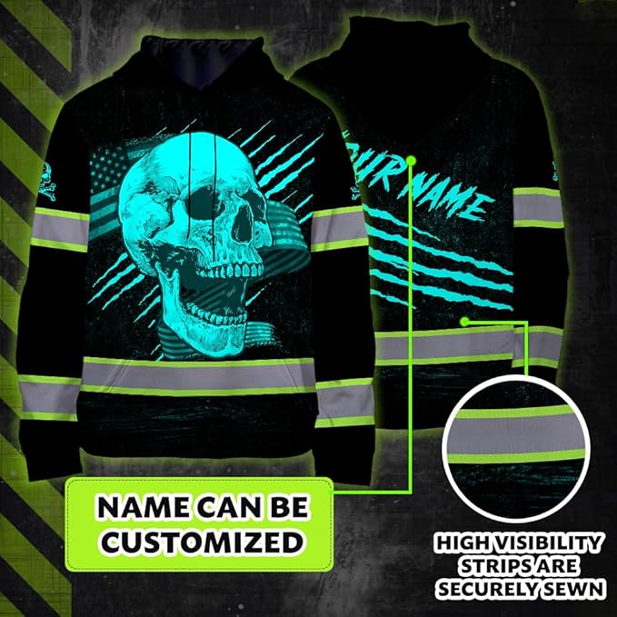 Matedecor Skull US Flag Reflective High Visibility Hoodie For Men Construction Hi Vis Safety Workwear Custom Name
