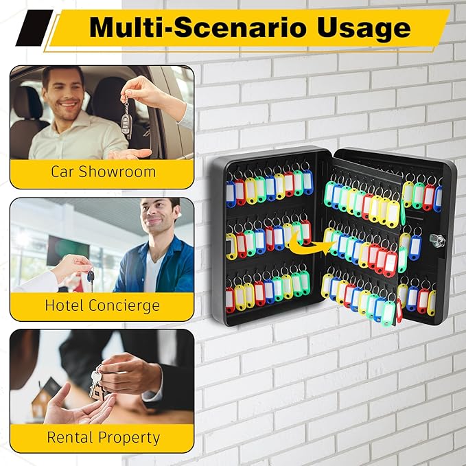 Ripeng 108-Keys Key Lock Box Wall Mount Steel Key Cabinet Lock Box Security Holder with Tags and Hooks Organizer Wall Safe Storage for Car Office Hotel House Rental Business, Black