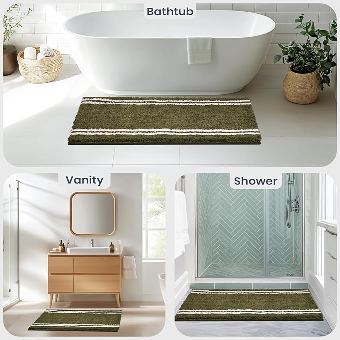 PURRUGS Bathroom Rug Non-Slip Machine Washable 24" x 60", Super Absorbent and Quick Dry Shaggy Microfiber Bath Mat, Extra Soft and Plush Bath Rug for Bathtub, Shower and Sink, Olive Green