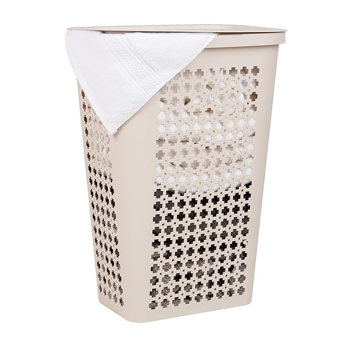 Mind Reader Slim Tapered Laundry Hamper with Lid, Clothes Basket with Swiss Cross Cut-Outs, Lightweight & Ventilated, Plastic, 16.75"L x 12.75"W x 23"H, Ivory