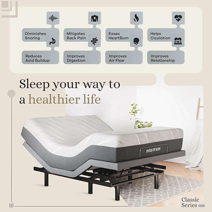 Sven & Son Classic Adjustable Bed Base, Head and Foot Lift, Massage, Under-Bed Lights, USB, Gel Memory, Zero Gravity Smart Frame - Full + 12 inch Memory Foam Matt (Medium)
