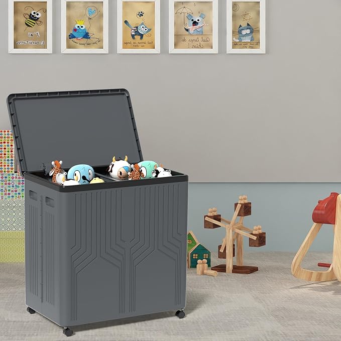 130 L Large 2 Section Laundry Hamper, Plastic Rolling Laundry Basket with Wheels, Grey
