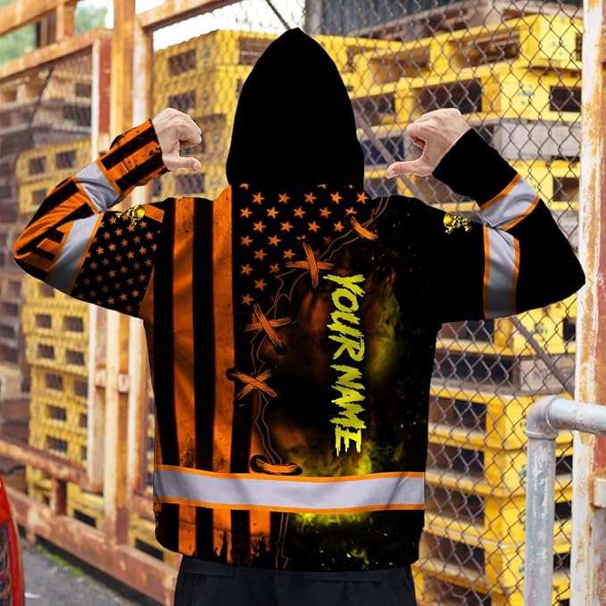 Matedecor Skull US Flag Reflective High Visibility Hoodie For Men Construction Hi Vis Safety Workwear Custom Name