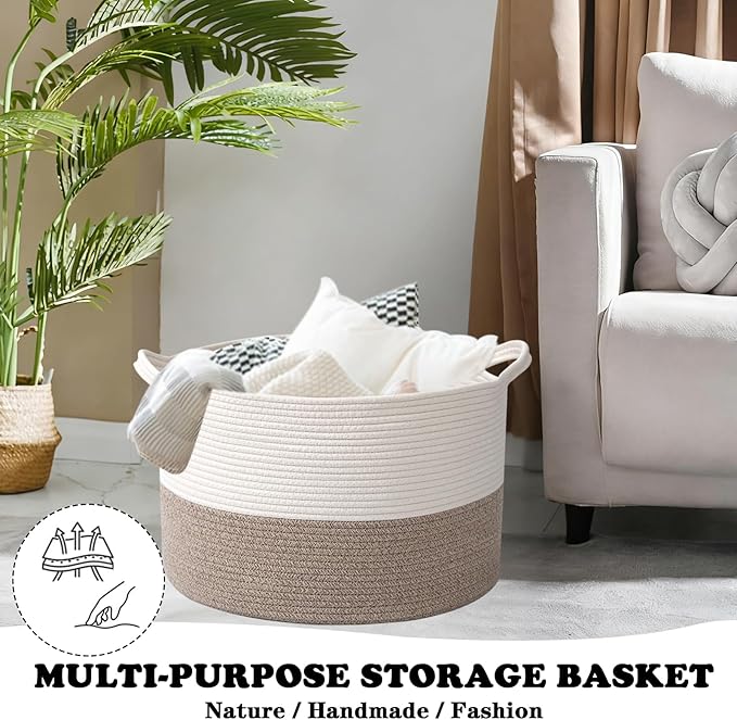 Large Storage Basket with Handle,19.7" L x 19.7" W x 13" H Blanket Basket Storage Bins for Organizing,65L Cotton Rope Woven Baskets for Living Room, Nursery ,Bedroom,White&Brown