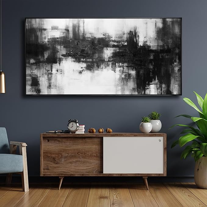 Abstract Wall Art Small Size Framed Home Artwork Decor Black and White Modern Minimalist Canvas Painting Living Room Decor for Bedroom Office Wall Decor 20"x40"