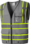 SKSAFETY 10 Pockets Safety Vest, Class 2 High Visibility Security with Zipper, Hi Vis Vest with Reflective Strips, ANSI/ISEA Standard, Construction Work Vest for Men ＆ Women （Grey,L）