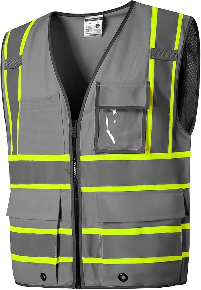 SKSAFETY 10 Pockets Safety Vest, Class 2 High Visibility Security with Zipper, Hi Vis Vest with Reflective Strips, ANSI/ISEA Standard, Construction Work Vest for Men ＆ Women （Grey,2XL）