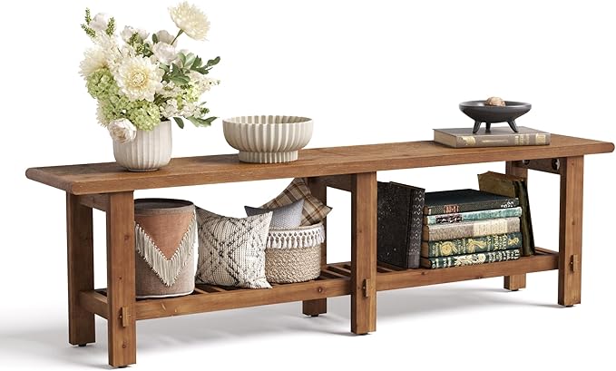 LITTLE TREE Solid Wood Entryway Bench, 63" End of Bed Bench with Shoe Storage Rack, Farmhouse Narrow Seating for Bedroom, Living Room, Entry, Front Door, Entrance, Window, Hallway, Foyer, Rustic Brown