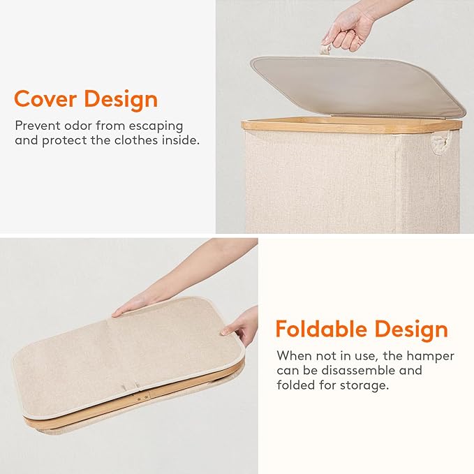 Lifewit 80L Laundry Basket with Lid, Clothes Hampers for Laundry with Bamboo Handles and A Removable Laundry Bag, Large Foldable Laundry Hamper for Bedroom, Bathroom, Dorm, Laundry Room, Beige