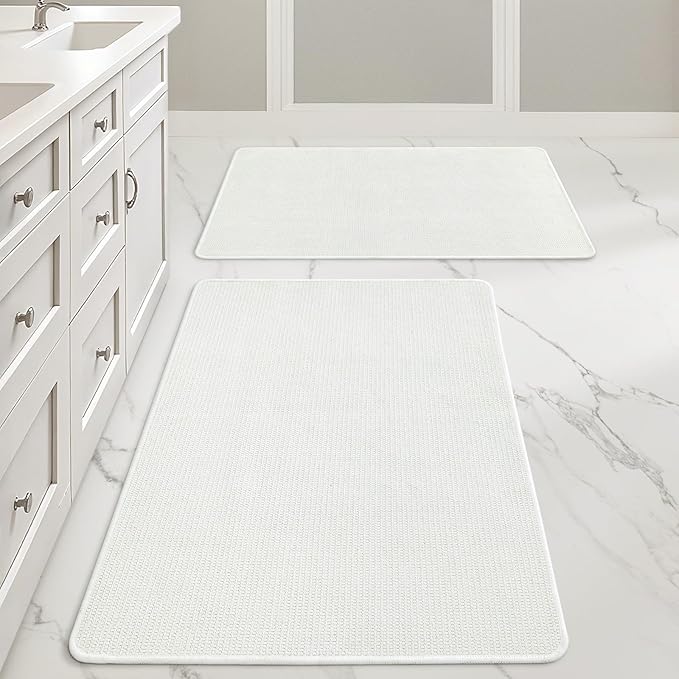 MIULEE Set of 2 Ultra Thin Bathroom Rugs, Rubber Bath Mats for Bathroom Non Slip, Quick Dry Absorbent Bath Rug Machine Washable, Fit Under Door, Shower, Sink, Home Decor, White, 24x36 Inch