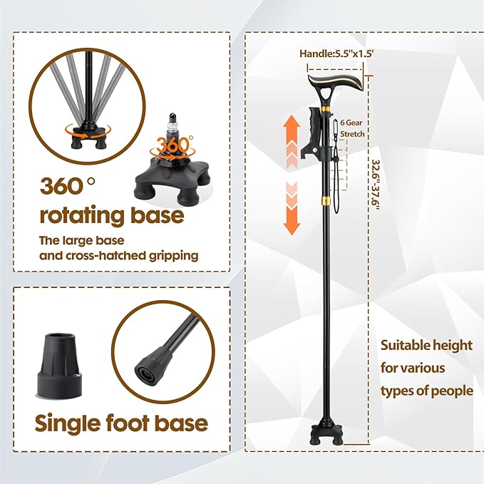 Walking Cane Folding Collapsible Adjustable Stability Balance Aluminum with Light Alarm for Seniors Women Men Black