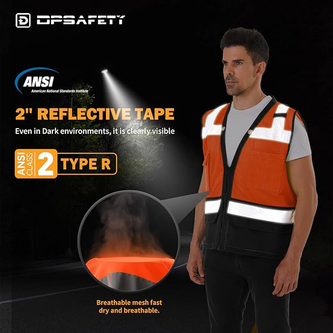 Reflective Safety vest With back plan pocket,High visibility Class 2 Heavy Duty Surveyor Vest with Zipper,Hi Vis Construction Work Vest for Men＆Women ANSI/ISEA(Orange-Bottom,4XL)