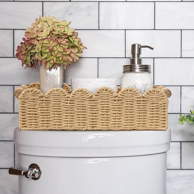 CubesLand Scalloped Decor Basket for Living Room, Home, Bathroom, 2SAME SIZE Paper Rope Basket, Toilet Storage Baskets for Over Toilet Storage Shelf, Cute Woven Basket Both Storage&Decor, Beige