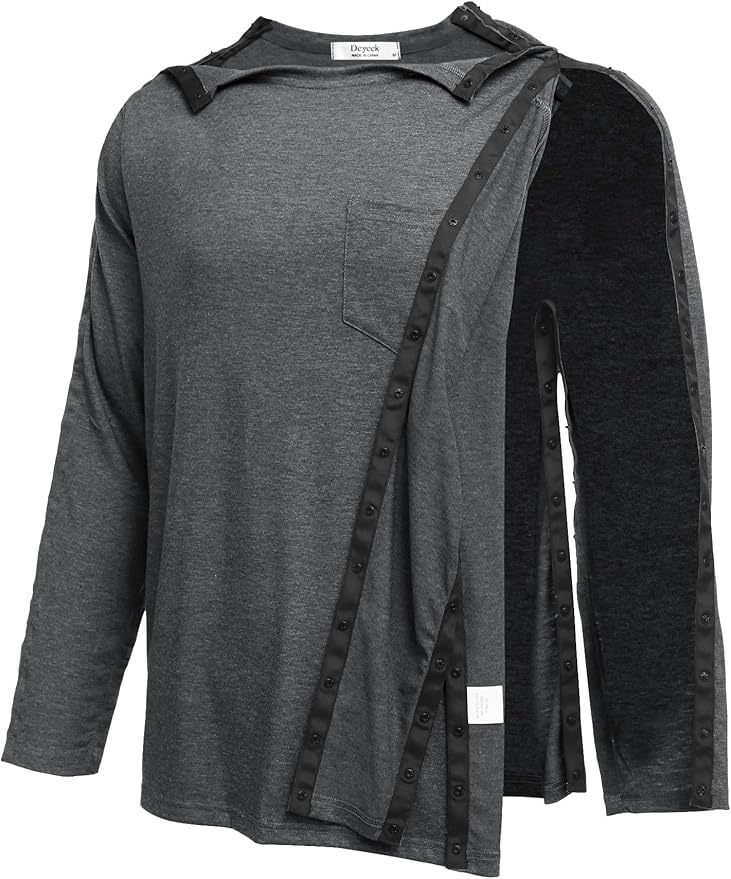 Deyeek Men's Post Shoulder Surgery Recovery Shirts Full Tear Away Long Sleeve Snap Chemo Port Access Shirt