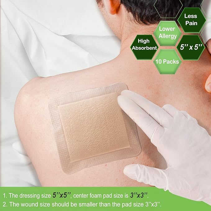 NeuHeils Silicone Foam Dressing with Gentle Border 5''x5'', 10 Pack for Bed Sore Leg Ulcer, High Absorbency Large Waterproof Silicone Adhesive Wound Bandages Patches