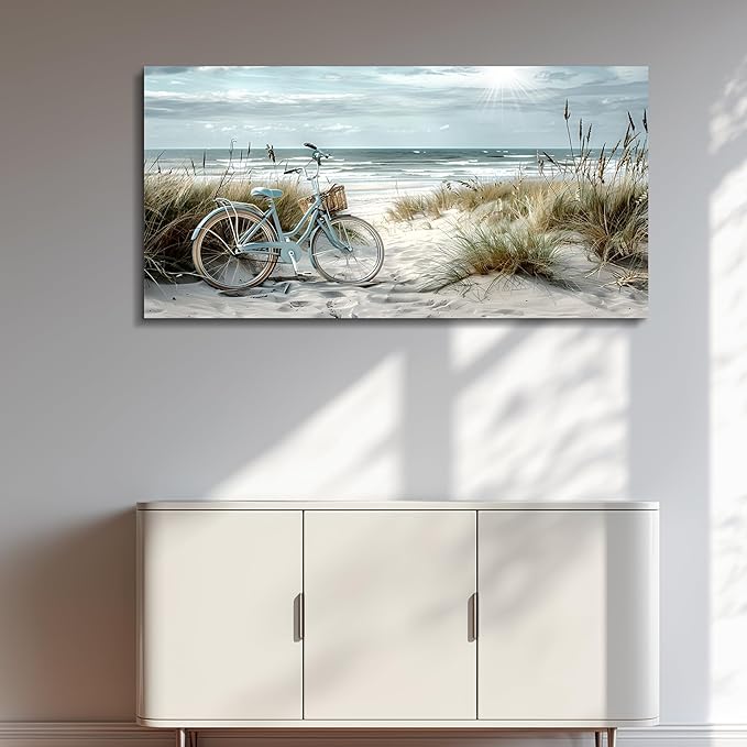 FUHAIHUA Wall Art For Living Room Canvas Decor For Bedroom Modern Office Decorations Blue Beach Bicycle Seascape Paintings Ocean Landscape Pictures Artwork Ready To Hang Home Decor