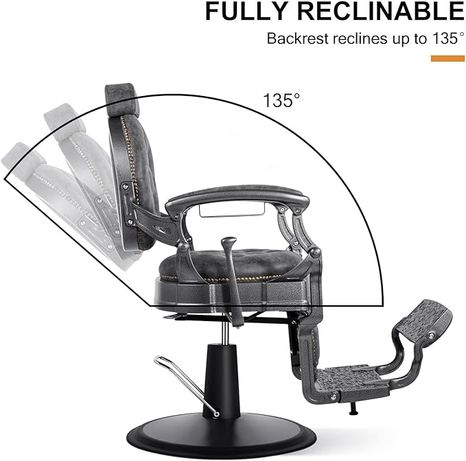 Artist hand Retro Barber Chair Heavy Duty Barber Chairs Vintage Salon Chair Hydraulic Recline Beauty Spa Styling Equipment Rounded Cushioning with Puckered Button (Grey)