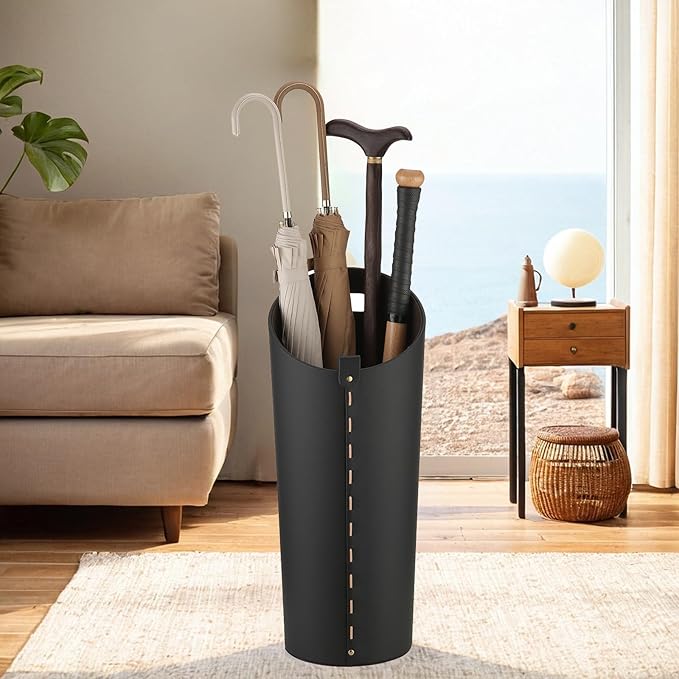 Black Umbrella Holer for Entryway with Drip Tray and 2 Steel Hooks Leahter Tall 22.44 Inches Umbrella Stand Rack Indoor Can Store 10 Golf Umbrellas or Crutches Toy Swords etc