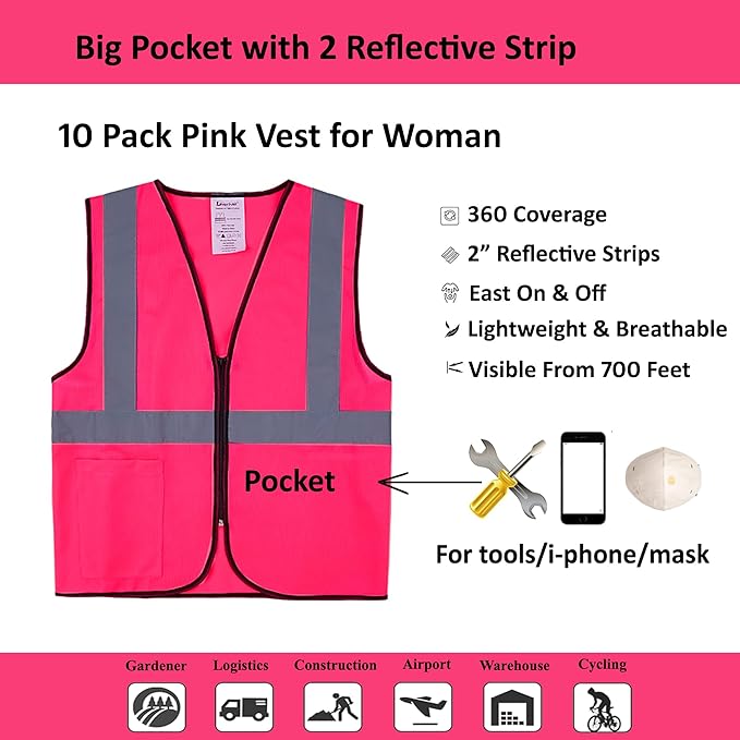 Pink Safety Vests 10 Pack - Reflective High Visibility Construction ANSI Class 2 Work Vests for Men,Woman with Zipper,Hi Vis Mesh and Neon Silver