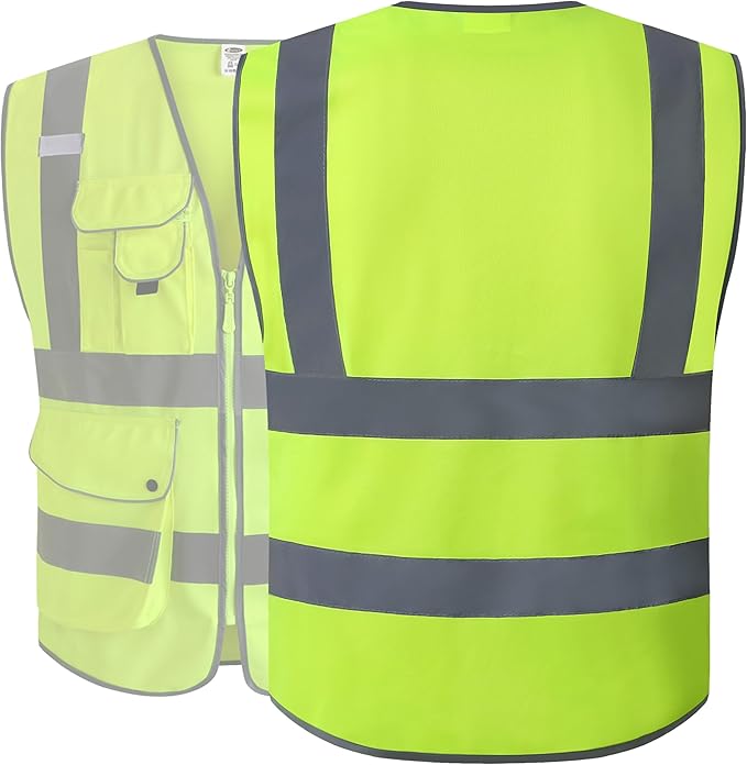 JKSafety 9 Pockets Class 2 High Visibility Zipper Front Safety Vest With Reflective Strips,Meets ANSI/ISEA Standard (Large, 150-Yellow)