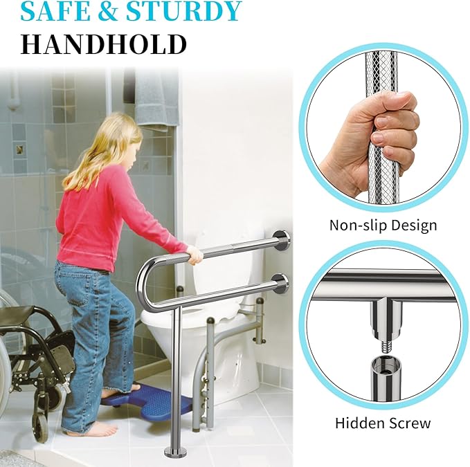 Toilet Support Rail 31.3X 31.5 Inch, Munzong Anti-Slip Chrome Handicap Grab Bar for Bathroom, Stainless Steel Knurled Safety handrails with Leg for Elderly Disabled Pregnant-1.25’Tube