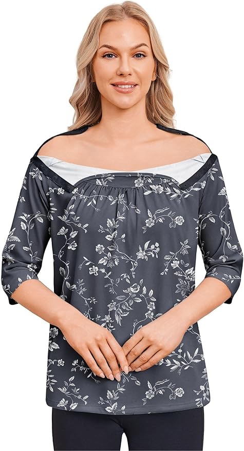 Deyeek Post Shoulder Surgery Shirt for Women Chemo Tear Away Shirt Snap Button 3/4 Sleeve Recovery Adaptive Clothing