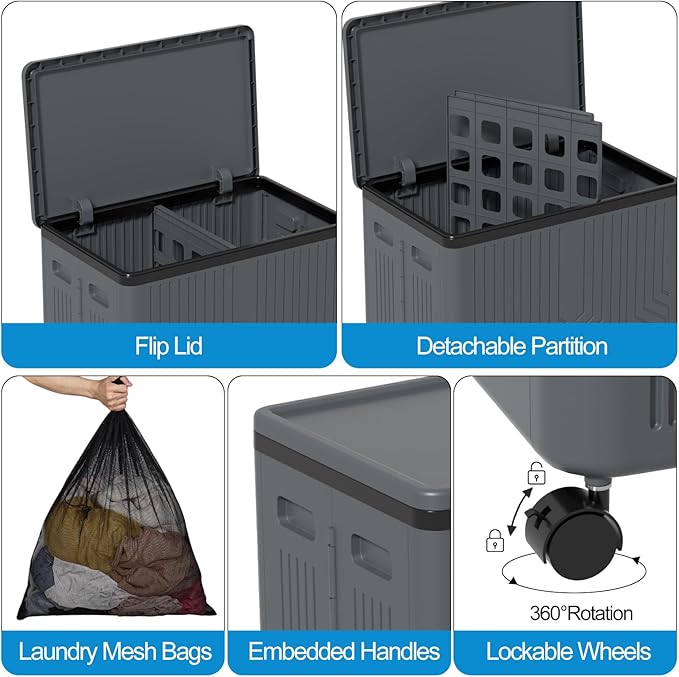2 Section Plastic Laundry Hamper with Wheels, 120 L Collapsible Clothes Basket with Lid, Grey