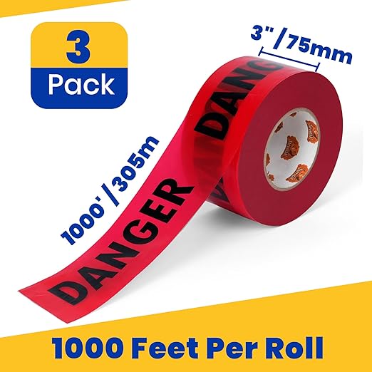 TAPEBEAR Red Danger Tape 3 Pack, 3" x1000ft High Visibility Construction Tape, Red w/Bold Black Print Non-Adhesive Safety Warning Tape for Danger/Hazardous Areas/Halloween Decor