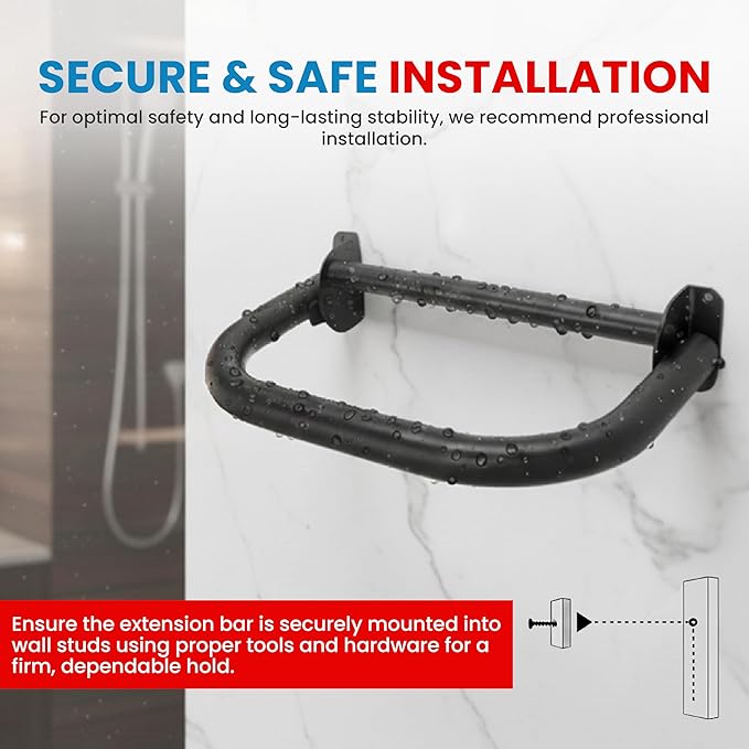 Extend-A-Hand Grab Bar Extension 16″ × 12″| Heavy-Duty Bathroom Safety Handrail, Non-Slip Black Support Grab Bar for Elderly, Disabled & Injury Recovery.