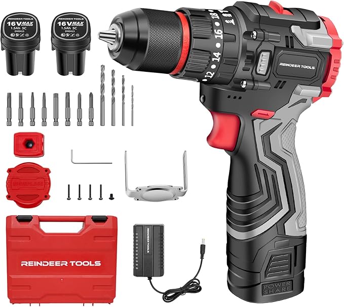 Cordless Drill Set, 16V Electric Power Drill with 2 Batteries, 398 In-lb Torque, 2-Speed & 20+3 Position Setting for DIY Home Improvement, 3/8" Keyless Chuck, LED Light