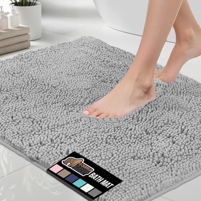 GORILLA GRIP Bath Rug Mat 42x24, Soft Absorbent Chenille, Quick Dry Microfiber Mats, Rubber Backing Washable Shower Floor Rugs, Bathmat Runner, US Designed Bathroom Home Decor Accessories Light Gray