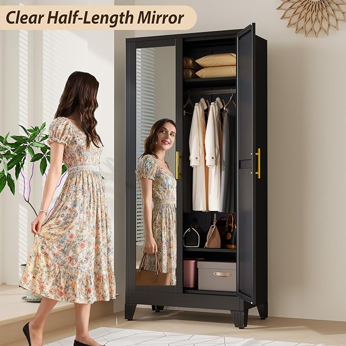 Metal Wardrobe Storage Cabinet with Mirror and Hanging Rod,71'' Metal Clothing Cabinet with 2 Doors and 2 Adjustable Shelves for Bedroom, Laundry Room, Cloak Room (Black)